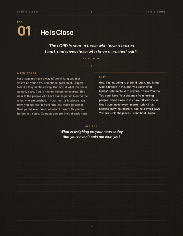 Journal page for day 1 with verse, reflection, prayer and question